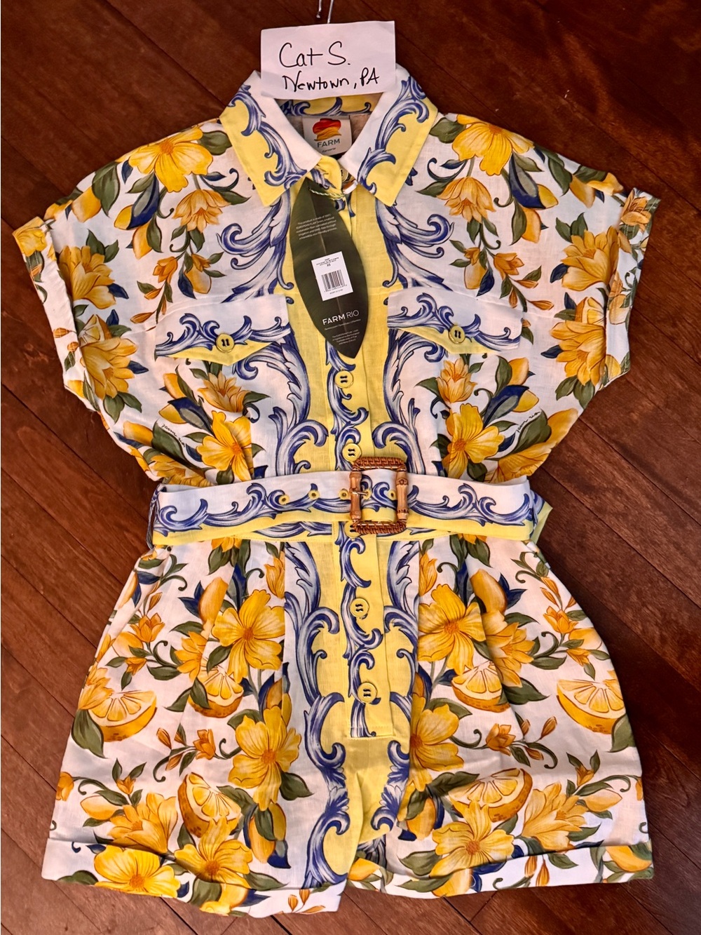 FARM Rio Yellow & Blue Floral Button Romper with Buckle Belt